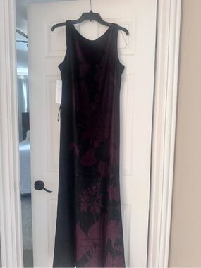 Kay Unger Black Maxi Dress with Deep Plum Floral Print